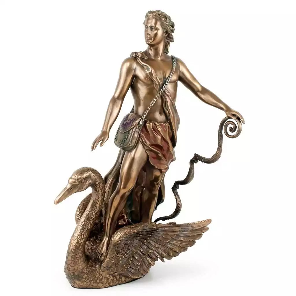 Apollo Greek god altar statue — classical figure of the solar deity in a pale stone finish, for Hellenistic devotion and solar magic altar work.