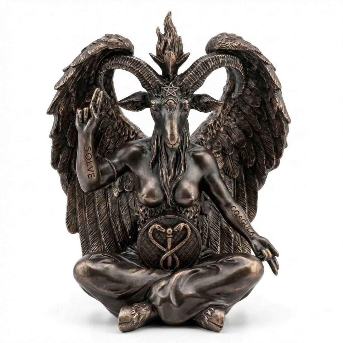 Large 24-inch bronze finish Baphomet statue with goat head, wings, and esoteric duality symbolism for ceremonial magic and occult altar display.