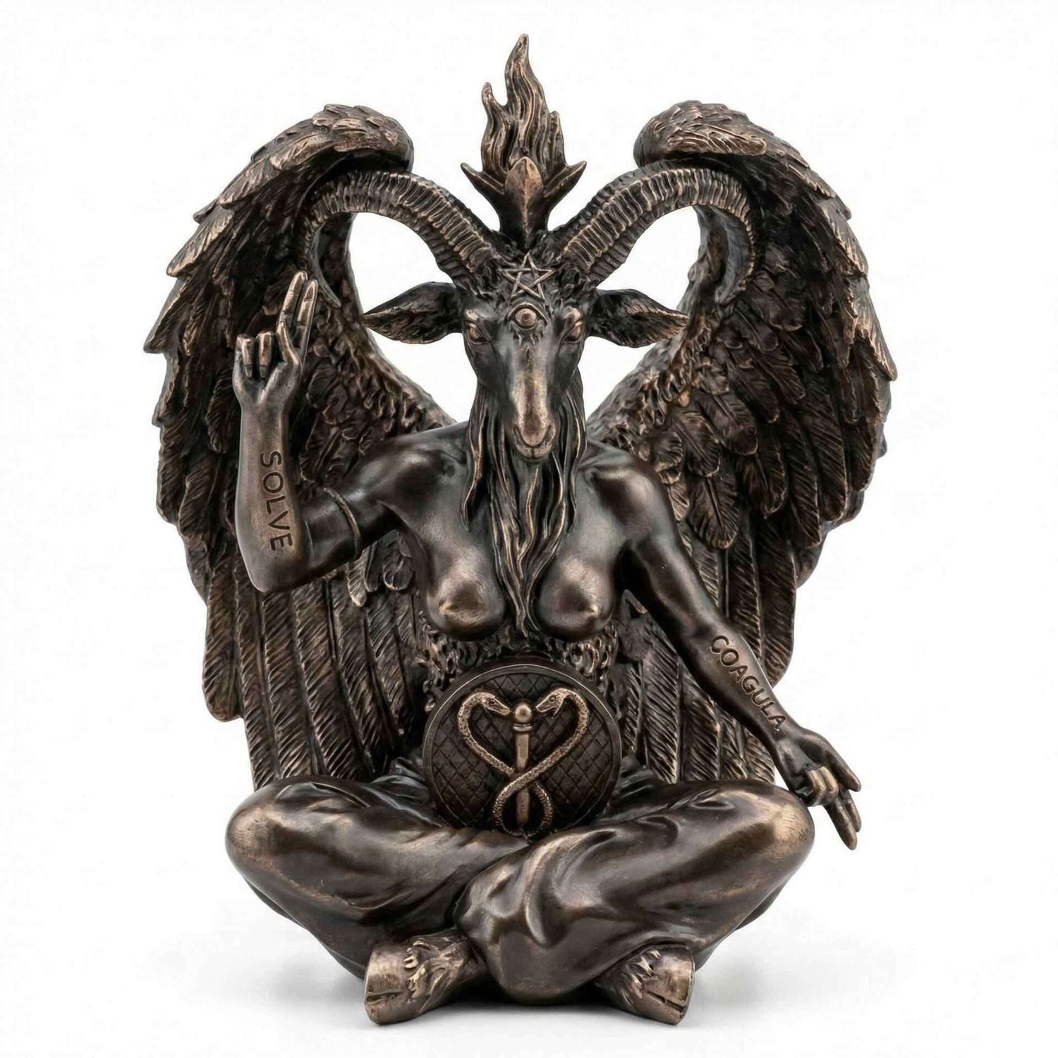 Large 24-inch bronze finish Baphomet statue with goat head, wings, and esoteric duality symbolism for ceremonial magic and occult altar display.