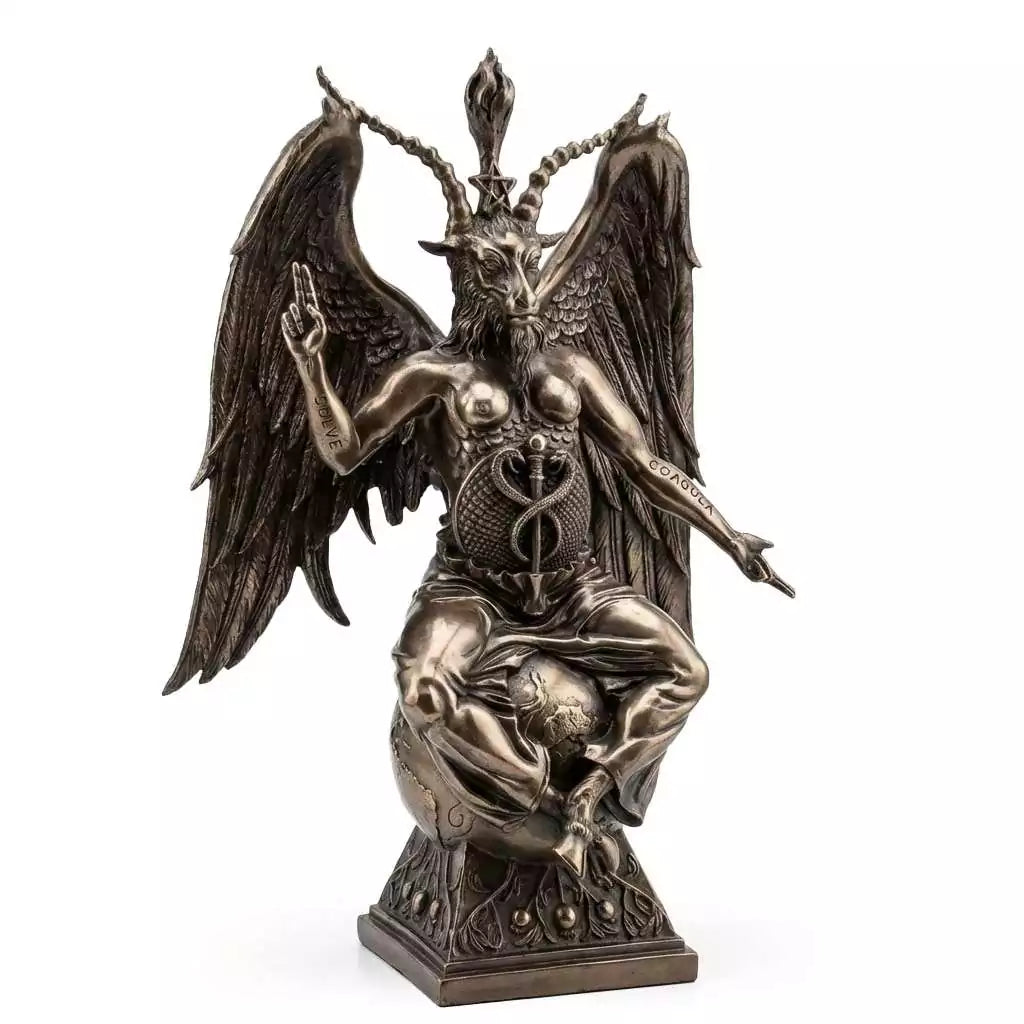 Side view of Baphomet bronze statue showing detailed sculptural work and altar piece scale