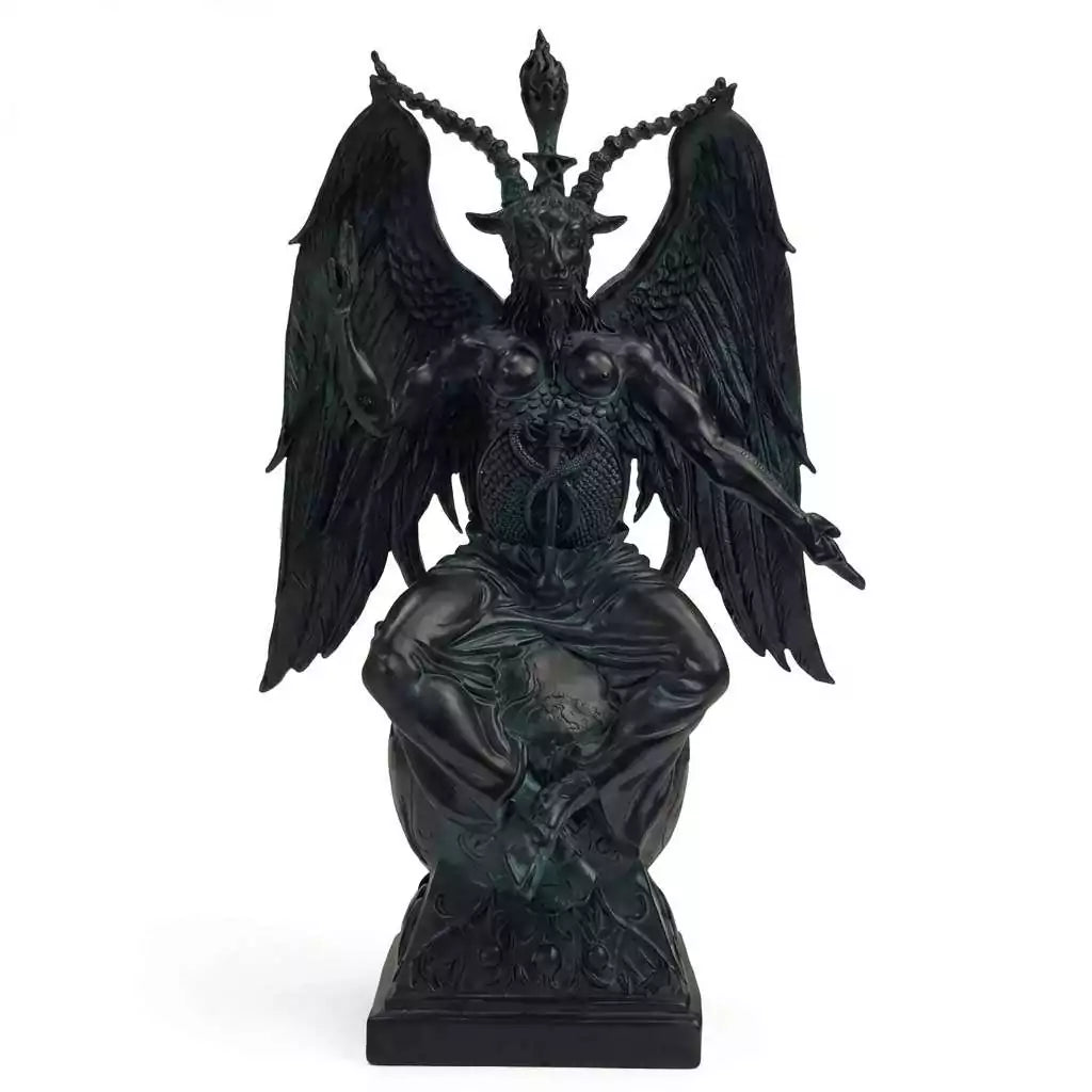 Large 14.5-inch Baphomet Black Statue — The Nigredo Equilibrium — cold cast resin occult figure with winged, enthroned pose finished in matte black with alchemical symbol details.
