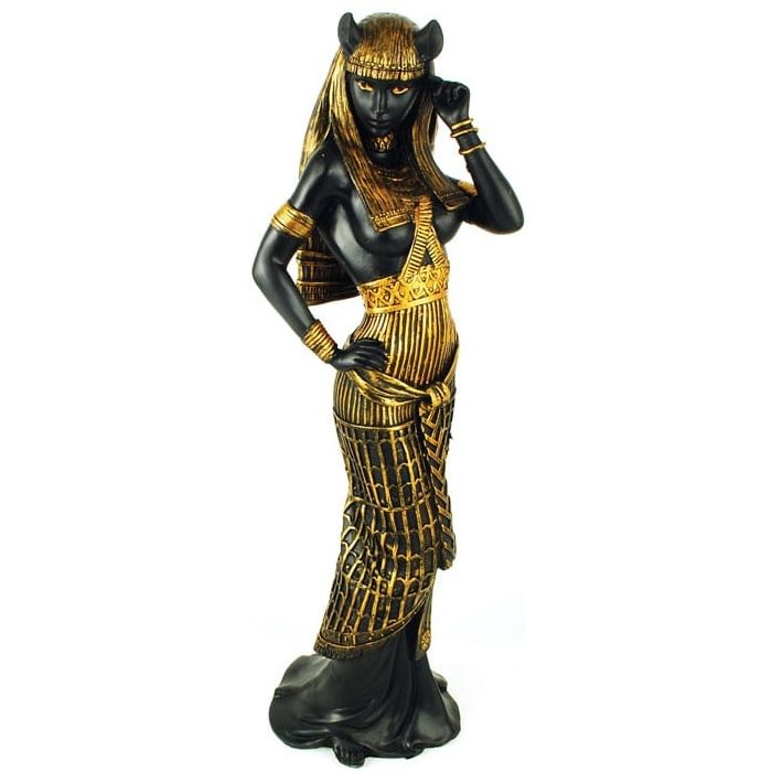 11-inch Bastet cat goddess statue with a cat head, golden jewelry, and formal regalia — an Egyptian deity figure in cold-cast resin for altar devotion and protection work.