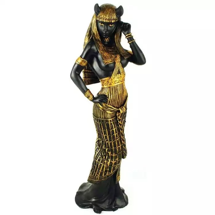 11-inch Bastet cat goddess statue with a cat head, golden jewelry, and formal regalia — an Egyptian deity figure in cold-cast resin for altar devotion and protection work.