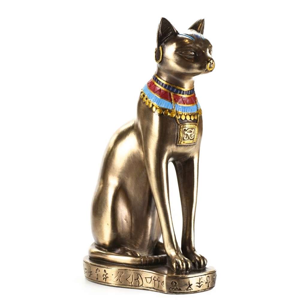 Solid bronze Bastet cat goddess statue 9 inches tall with hand-painted gold and jewel embellishments — Egyptian deity altar figure in seated cat form.