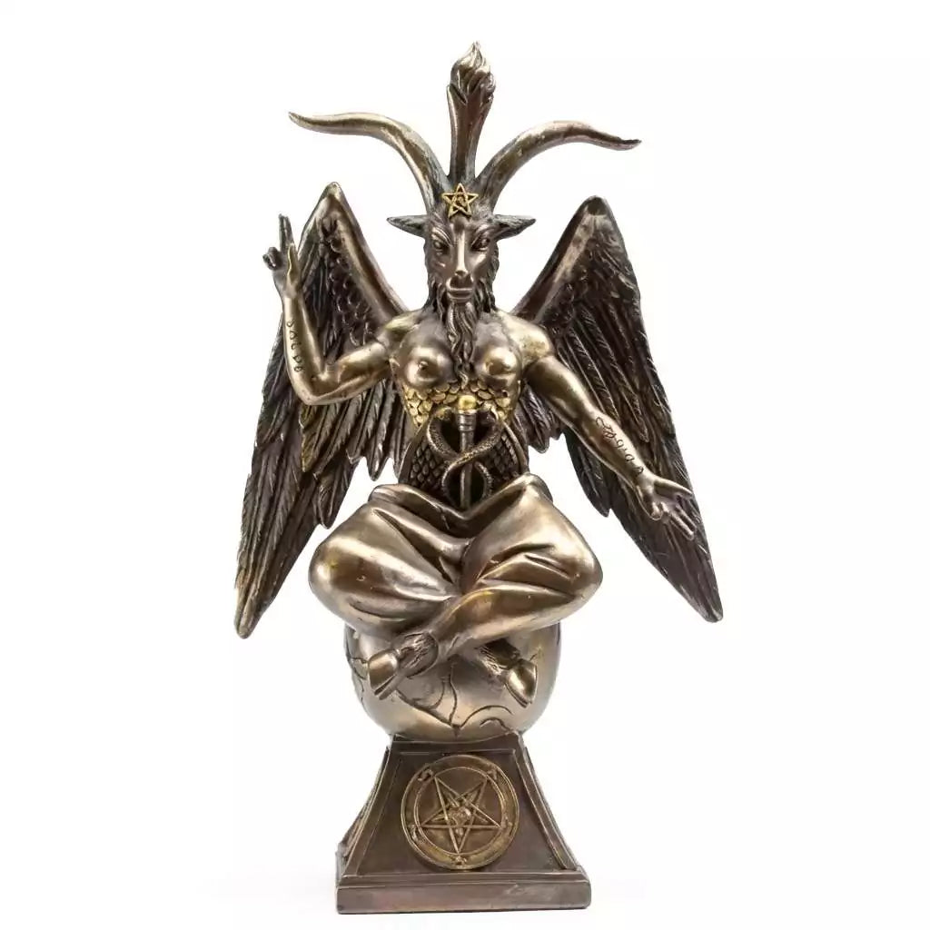 Cold cast resin Baphomet statue standing 9.5 inches tall — detailed occult altar figure with wings, torch, and symbolic emblems in black and silver tones.