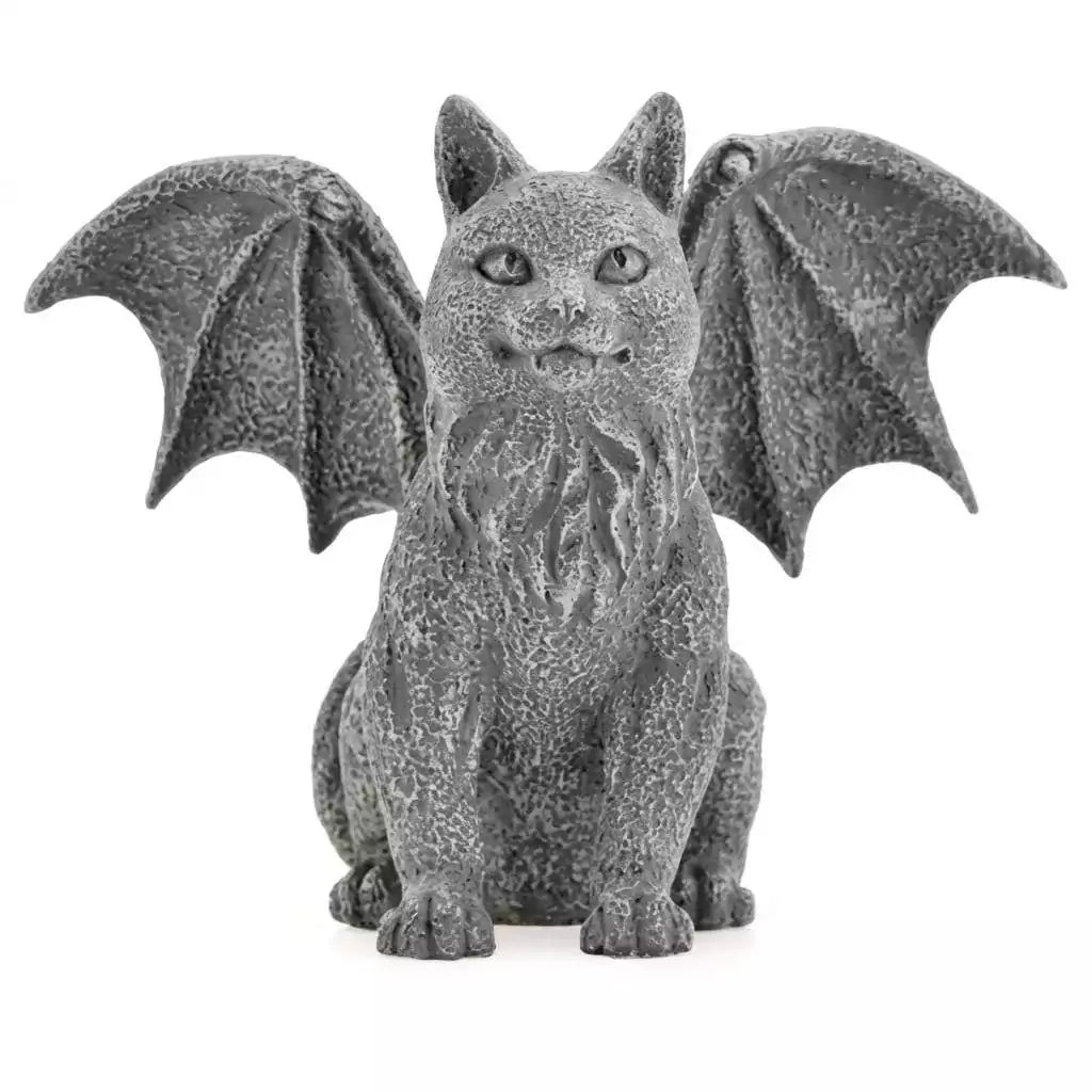 Six and a half inch winged cat gargoyle statue in cast resin for gothic altar guardian cat-themed sacred space and pagan protective feline decor