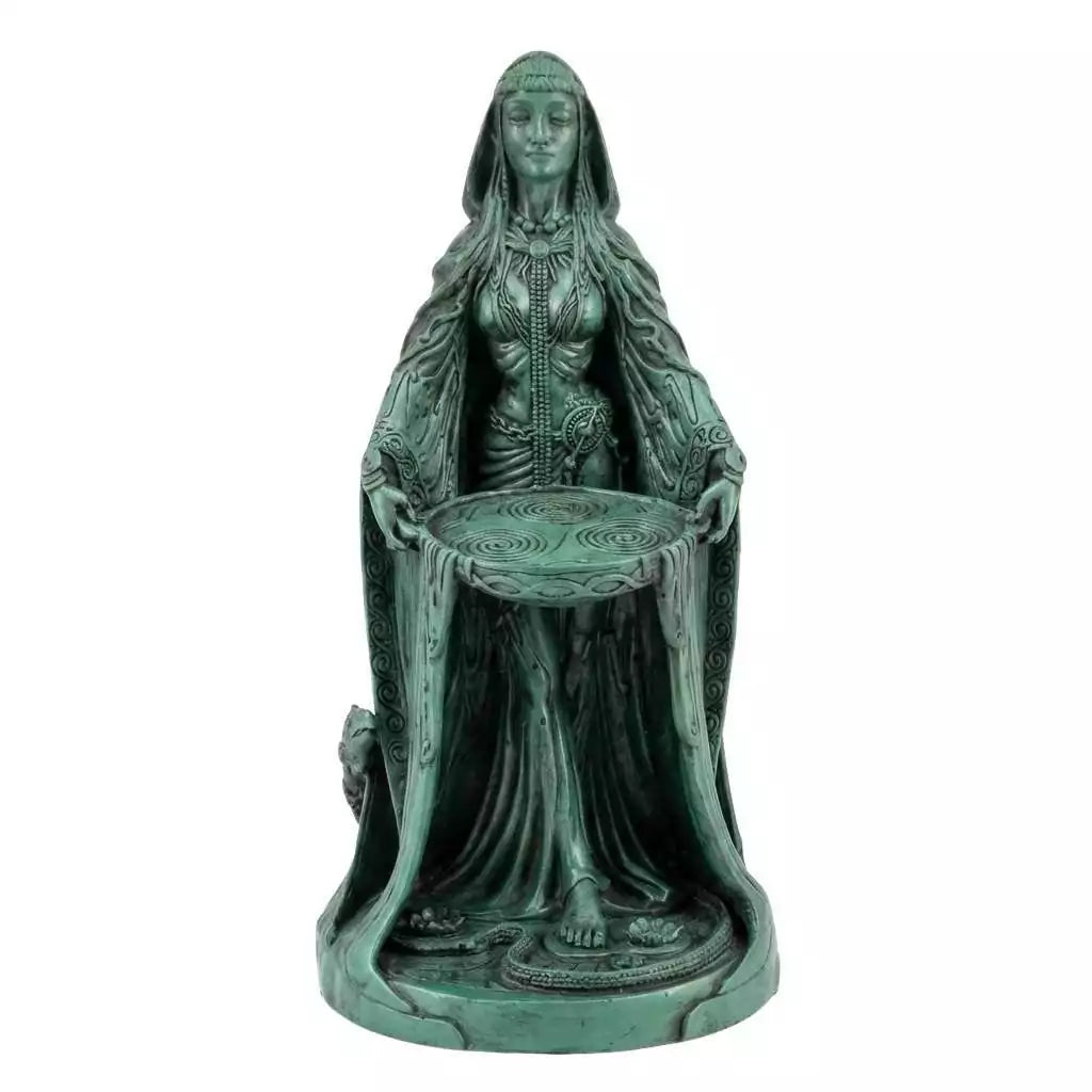 Hand-painted resin statue of Celtic Goddess Danu, the mother of the Tuatha De Danann, depicted for altar use and Celtic pagan devotion.