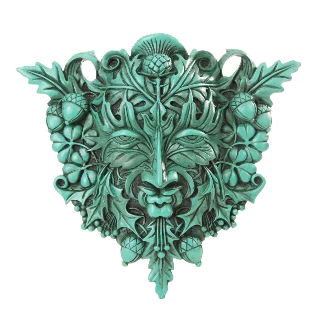 Green Man Celtic nature spirit wall plaque with leaf face foliage design for pagan altar garden sanctuary and nature-based sacred space