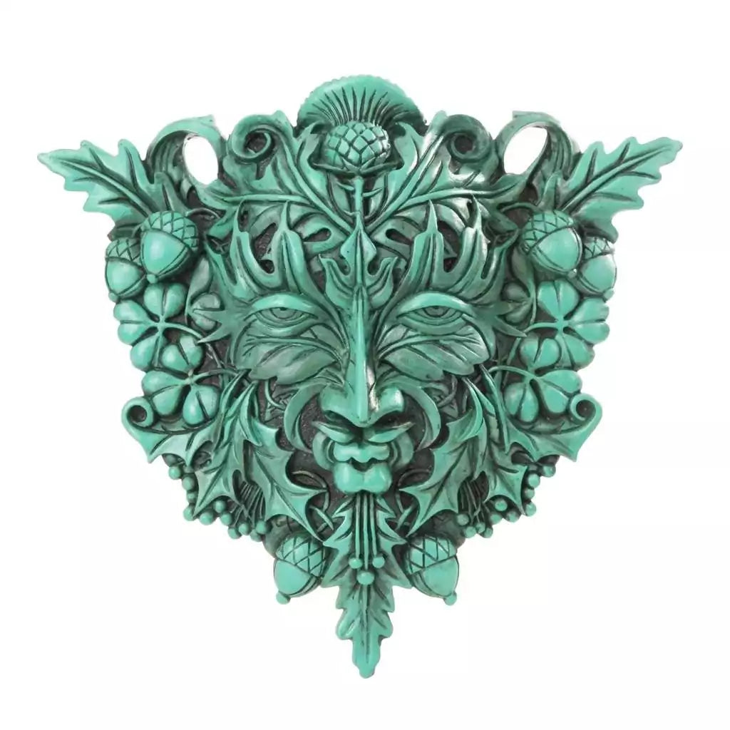 Green Man Celtic nature spirit wall plaque with leaf face foliage design for pagan altar garden sanctuary and nature-based sacred space