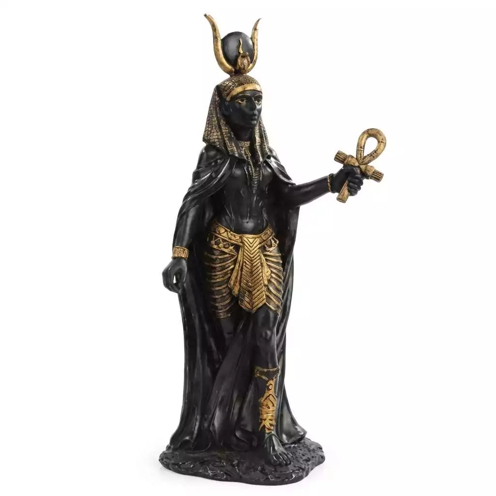 Eleven inch Hathor Egyptian goddess of love beauty and joy statue with cow horns and sun disk for altar devotion and Egyptian pagan practice