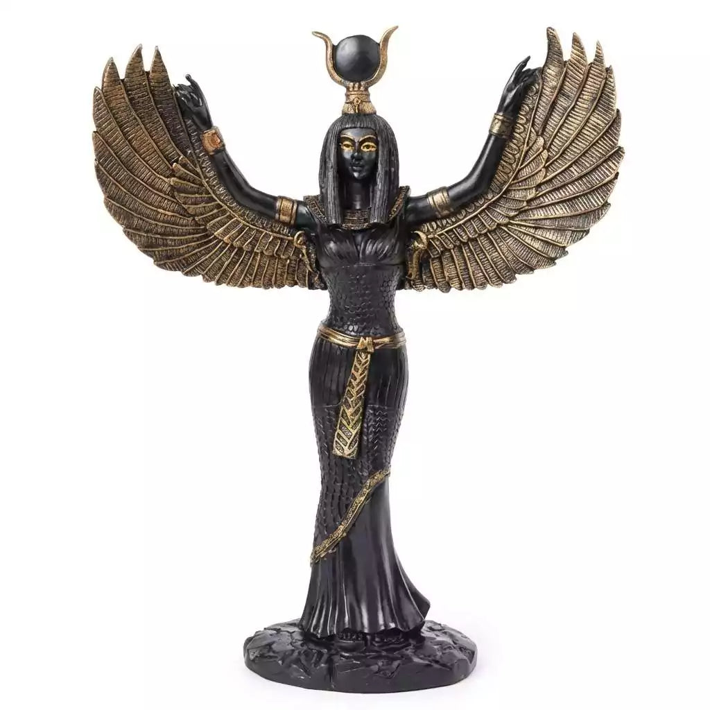 Gold finish Egyptian Isis goddess of magic motherhood and solar power winged statue for altar Egyptian pagan devotion and sacred space