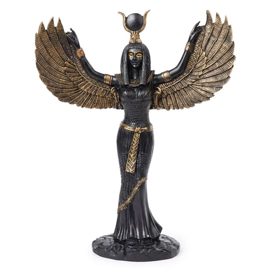 Gold finish Egyptian Isis goddess of magic motherhood and solar power winged statue for altar Egyptian pagan devotion and sacred space