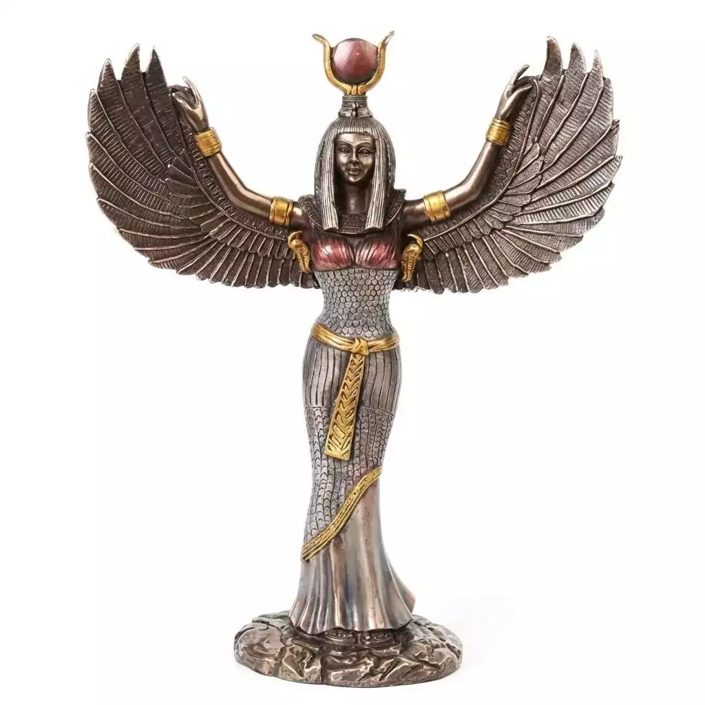 Silver finish Egyptian Isis goddess of magic and motherhood winged statue for deity altar Egyptian pagan practice and lunar ritual devotion