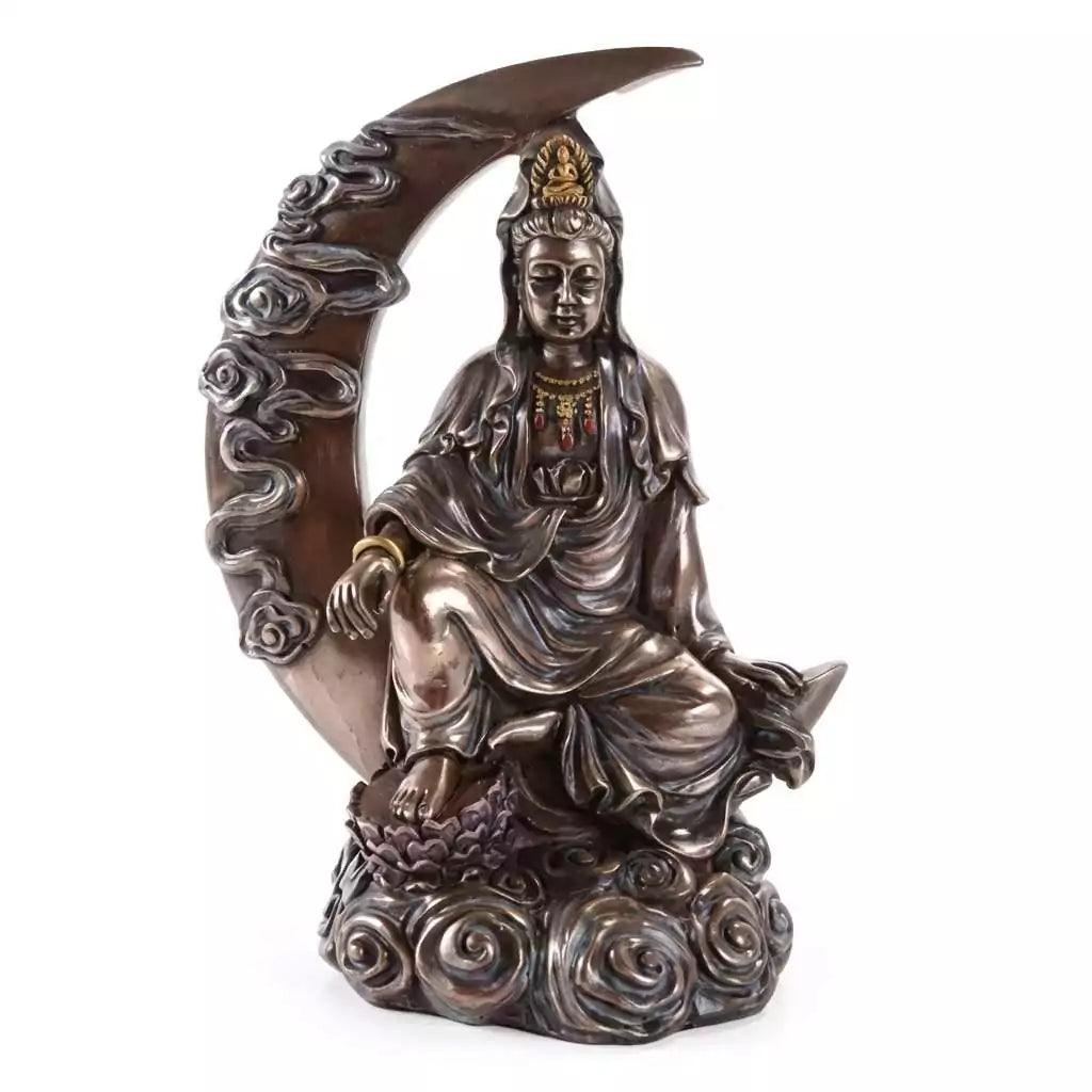 Bronze finish Kuan Yin Buddhist goddess of compassion and mercy statue for meditation altar Buddhist shrine and healing practice devotion