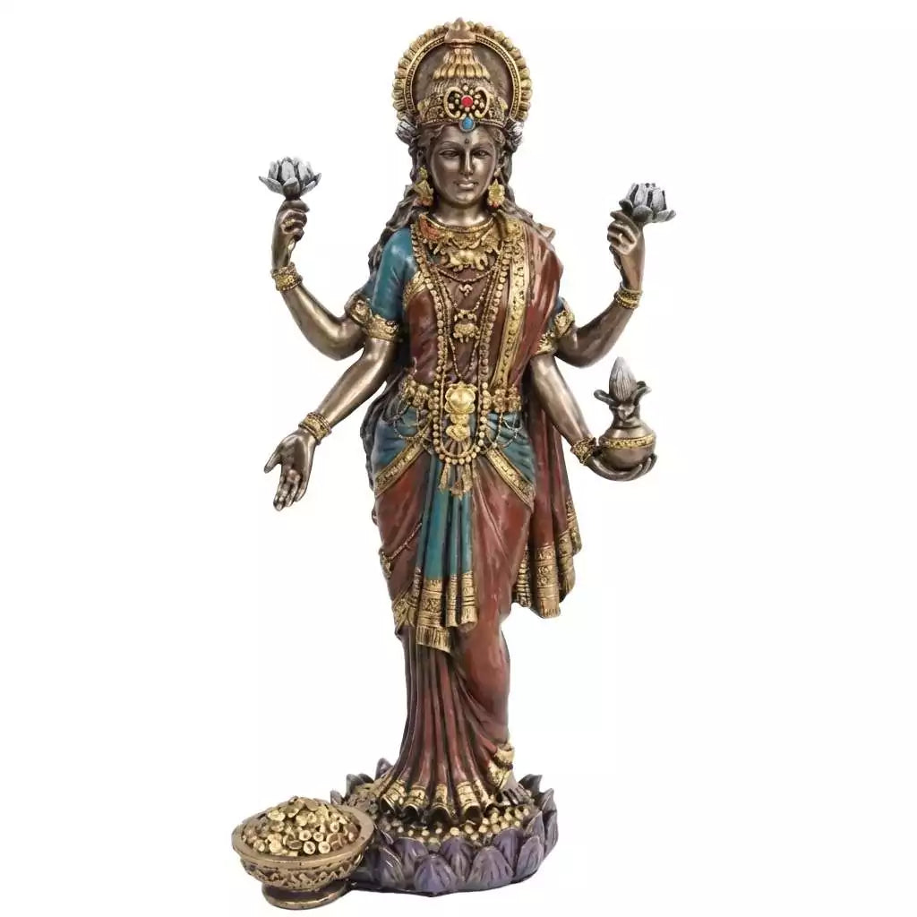 10-inch Lakshmi statue in a detailed resin finish — Hindu goddess of abundance standing on a lotus with gold coins, for prosperity altars and devotional display.
