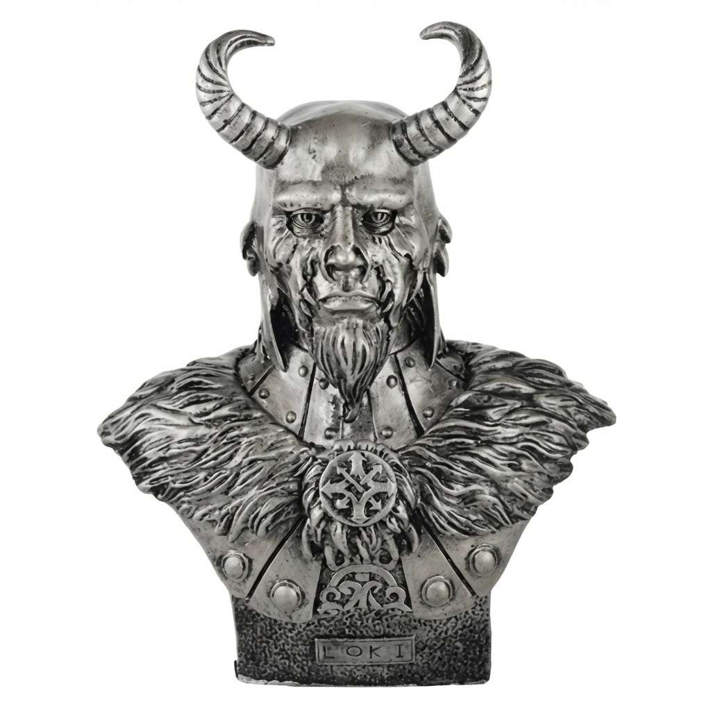 Loki cold cast resin Norse trickster god statue with detailed sculpting and stone-like finish for Asatru altar and Norse pagan devotion