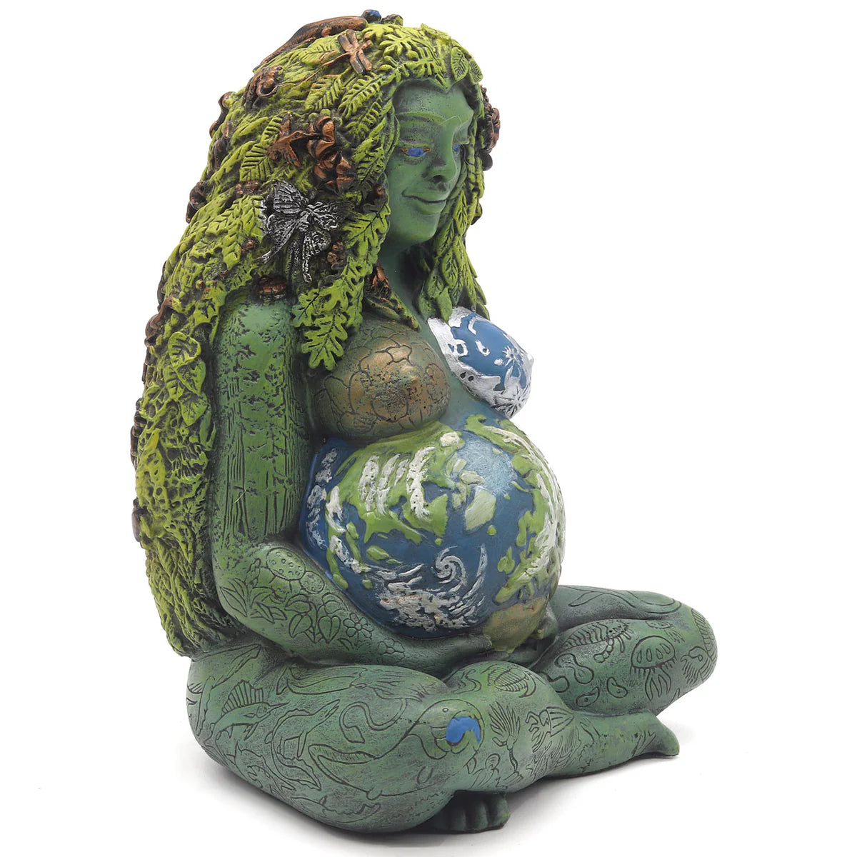 Green nature-inspired Millennial Gaia figure seated cross-legged showing flowing botanical details of Oberon Zell&