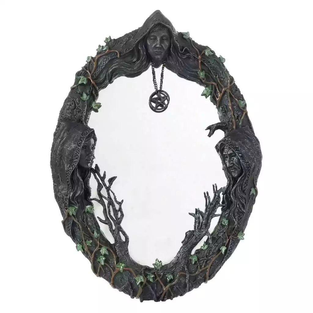 17-inch Maiden Mother Crone decorative wall mirror — triple goddess motif embossed around the frame showing three feminine figures for Wiccan altar décor.
