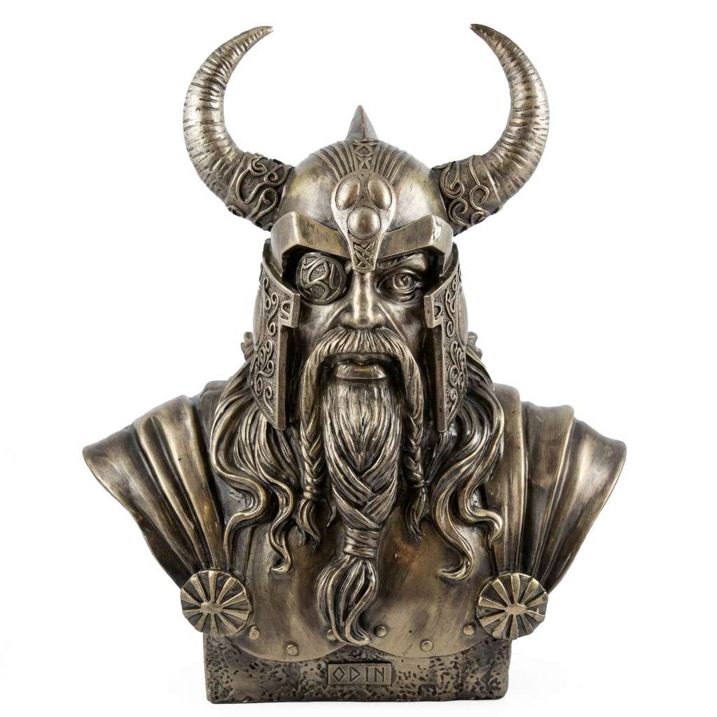 Eleven inch Odin Allfather Norse god bust statue in cold cast resin for Asatru altar wisdom rune magic and Norse pagan devotion
