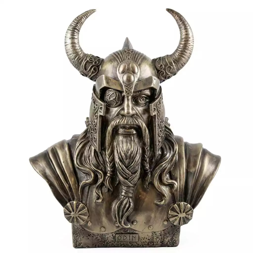 Eleven inch Odin Allfather Norse god bust statue in cold cast resin for Asatru altar wisdom rune magic and Norse pagan devotion