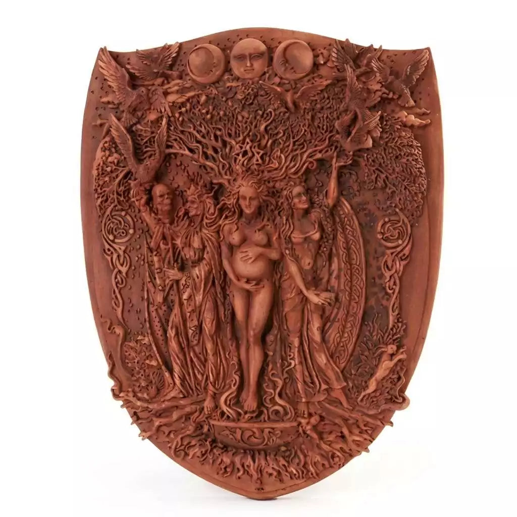 Triple Goddess Mother Maiden Crone decorative wall plaque depicting three aspects of divine feminine for Wiccan altar and sacred space