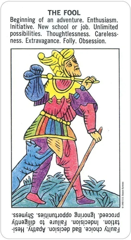 A colorful Starter Tarot Deck card depicting The Fool as a young man with a carefree expression beginning a journey — a beginner-accessible Rider-Waite-Smith inspired illustration.