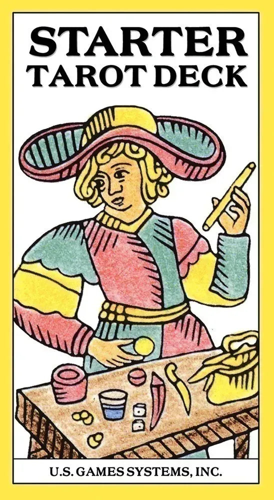 A colorful illustrated tarot card featuring a figure in a wide hat engaged in crafting — a card from the Starter Tarot Deck by Bennett and George showing accessible beginner-friendly artwork.