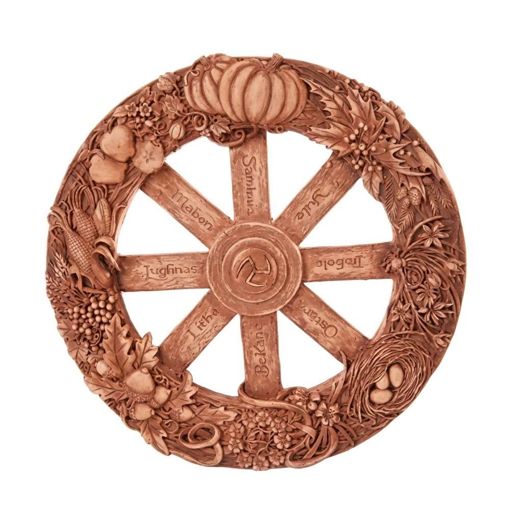 Circular Wheel of the Year wall plaque with hand-painted resin construction — eight sabbat sections decorated with fruits, plants, and seasonal symbols around the spokes.