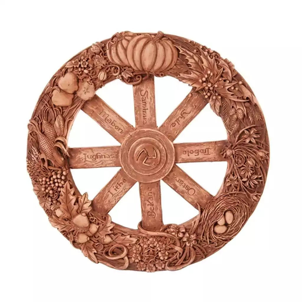 Circular Wheel of the Year wall plaque with hand-painted resin construction — eight sabbat sections decorated with fruits, plants, and seasonal symbols around the spokes.