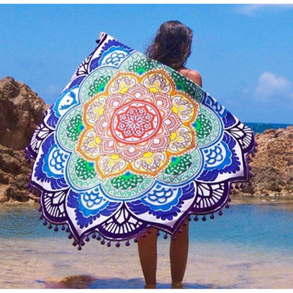 Rainbow Chakra Lotus-Shaped Meditation Towel with Purple Tassels
