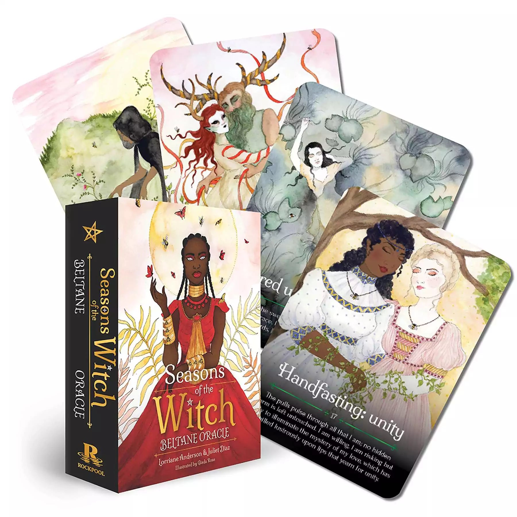 Seasons of the Witch Beltane Oracle deck box with cards showing vivid fire and fertility imagery, Anderson and Diaz 44-card Beltane oracle deck.