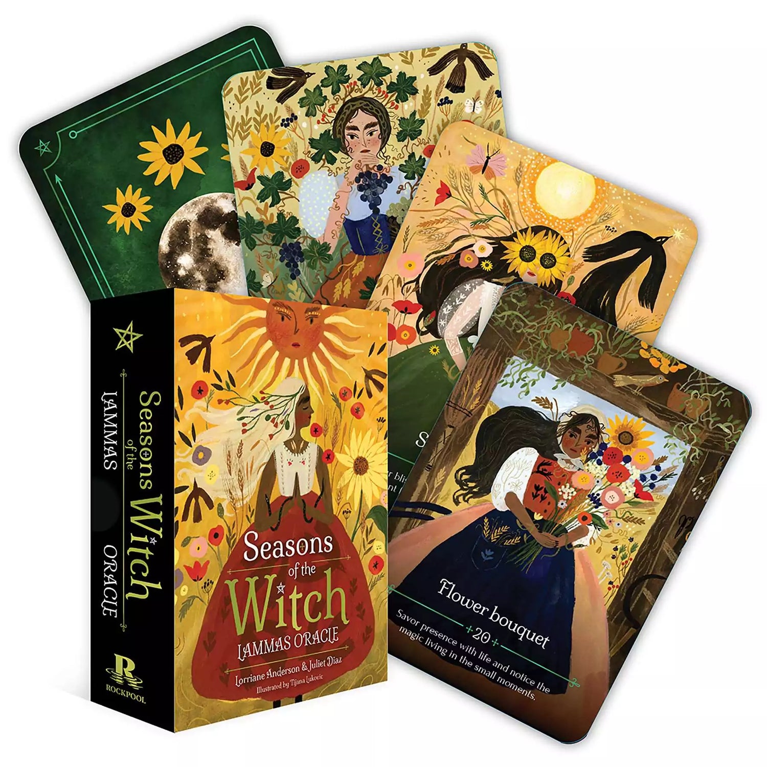 Seasons of the Witch Lammas Oracle deck with colorful cards featuring first harvest and ambition imagery, Anderson and Diaz 44-card Lughnasadh oracle deck.