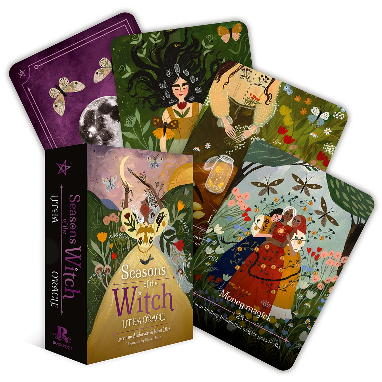 Season of the Witch Litha Oracle deck box and cards by Anderson and Diaz featuring midsummer solstice imagery for Litha sabbat readings