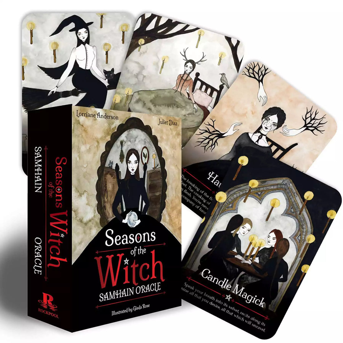 Seasons of the Witch Samhain Oracle box set with cards fanned out showing rich autumnal and ancestral imagery, Anderson and Diaz 44-card Samhain oracle deck.