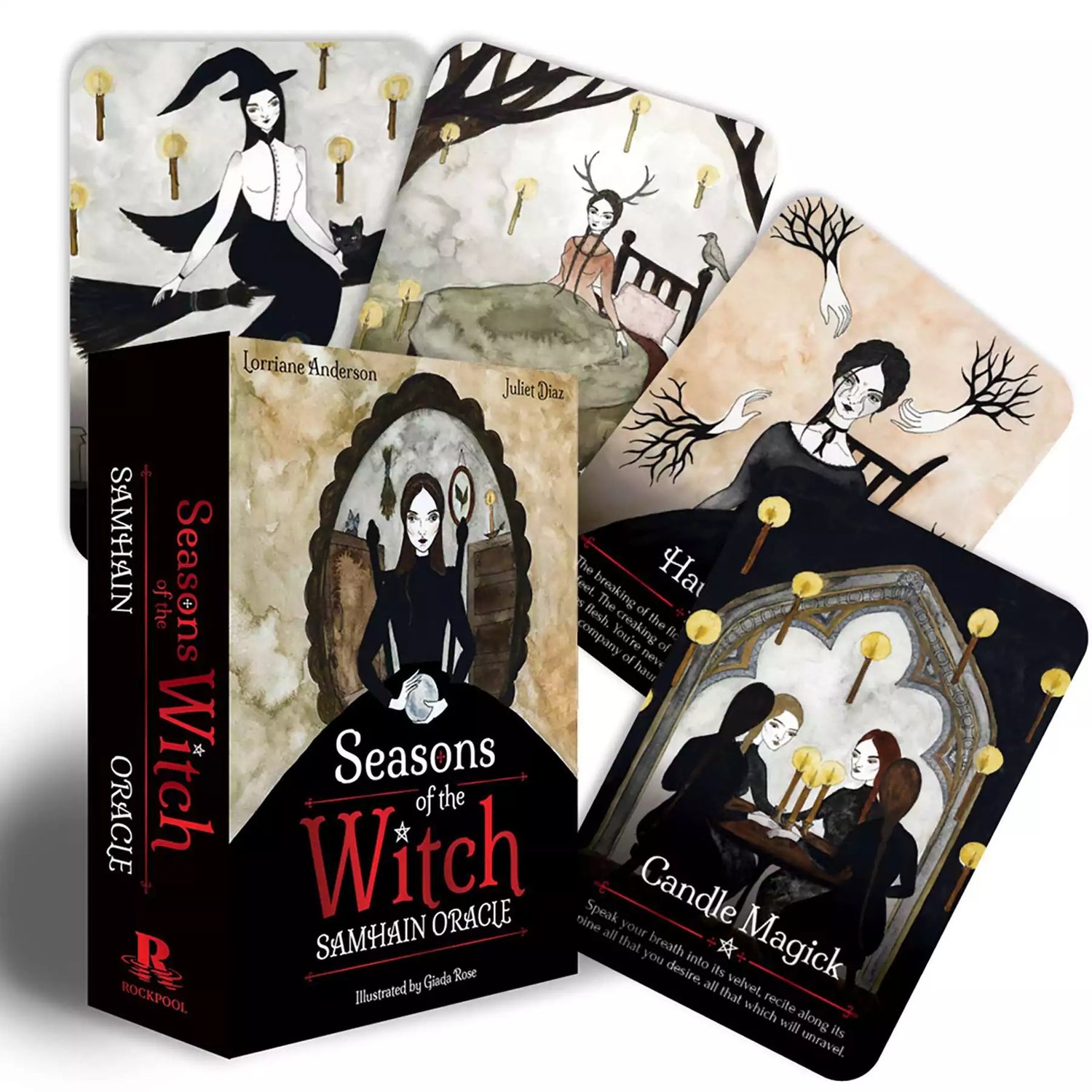 Seasons of the Witch Samhain Oracle box set with cards fanned out showing rich autumnal and ancestral imagery, Anderson and Diaz 44-card Samhain oracle deck.