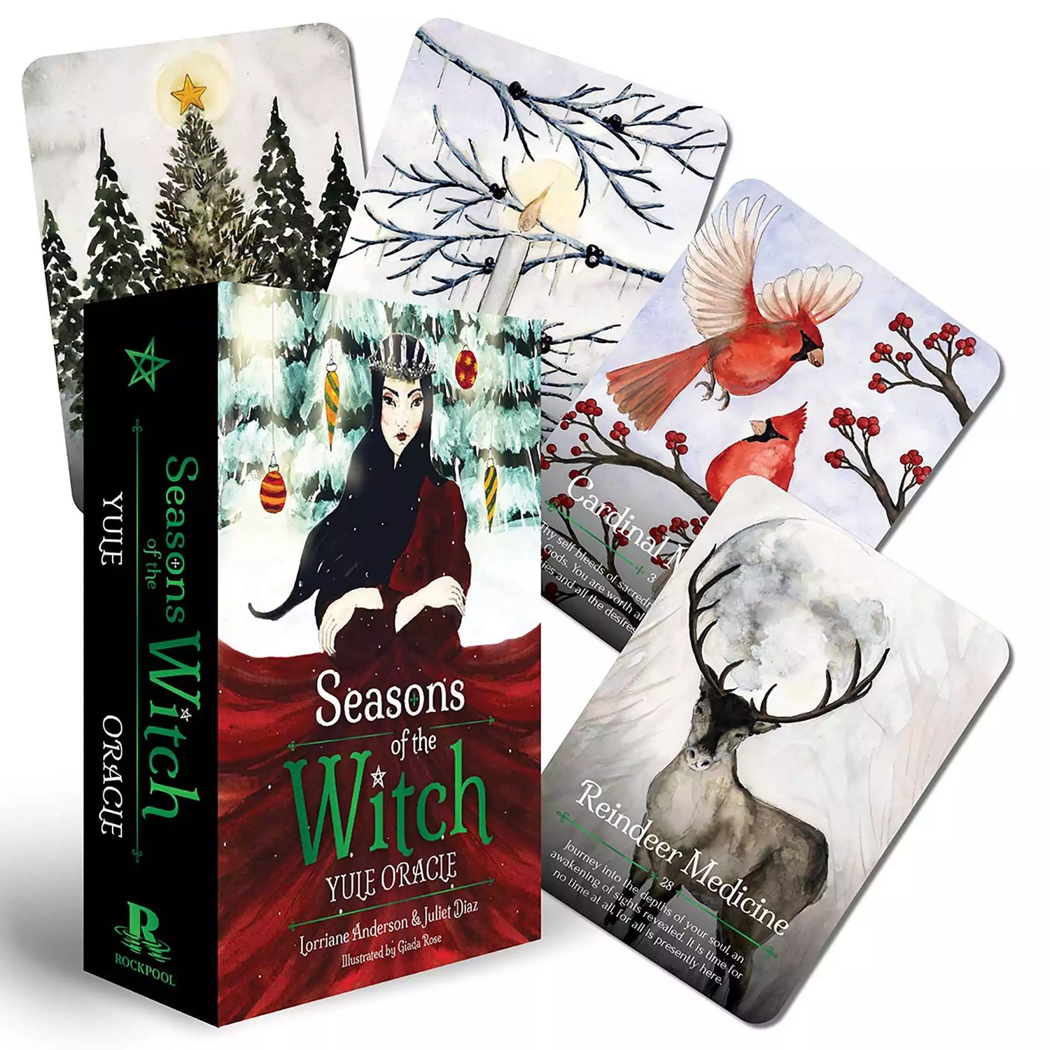 Season of the Witch Yule Oracle deck box with illustrated cards fanned out showing winter solstice and mystical imagery