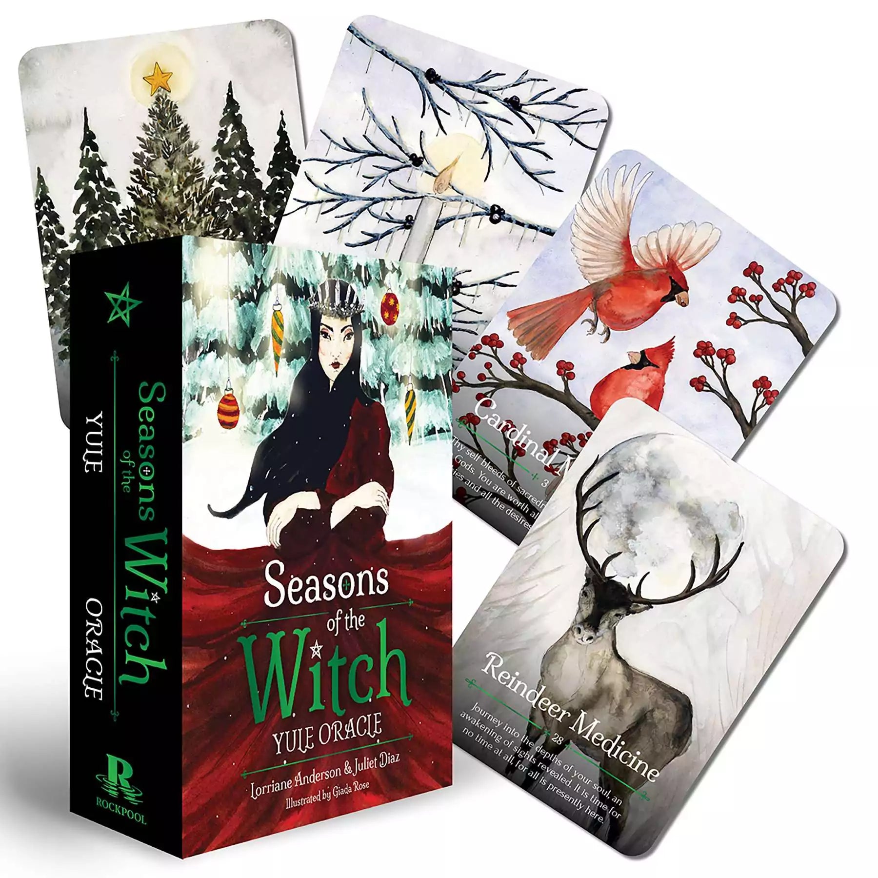 Season of the Witch Yule Oracle deck box with illustrated cards fanned out showing winter solstice and mystical imagery