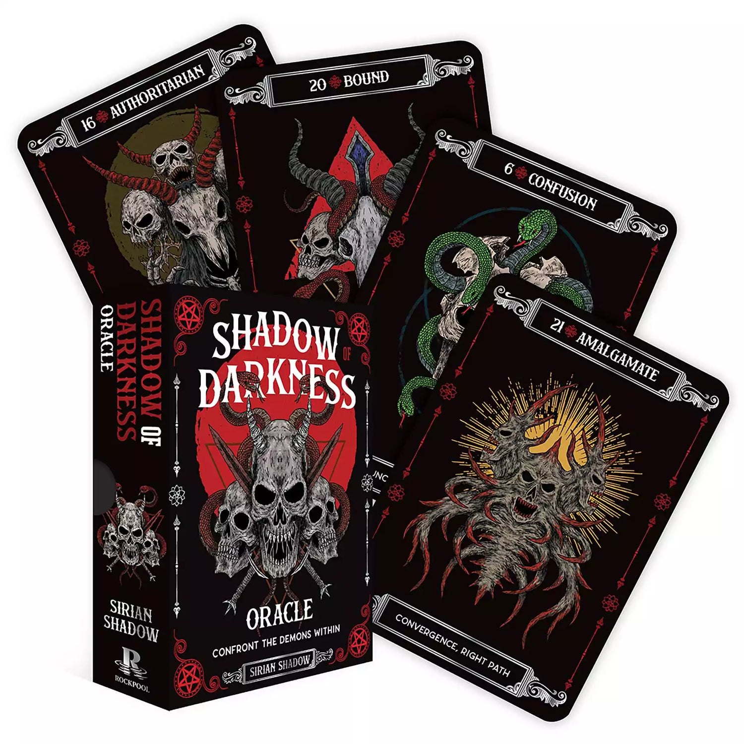Shadow of Darkness oracle deck box and cards showing dark, otherworldly illustrations designed for shadow work and inner exploration, 44-card Sirian Shadow deck.