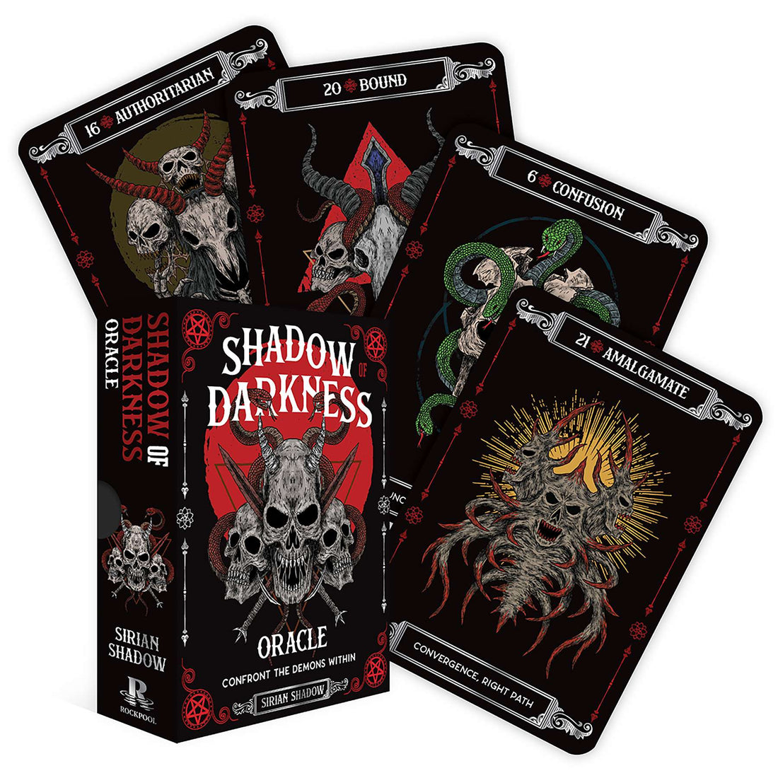 Shadow of Darkness oracle deck box and cards showing dark, otherworldly illustrations designed for shadow work and inner exploration, 44-card Sirian Shadow deck.