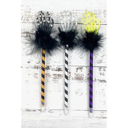 Glam Skeleton Hand Pen – Sparkly Bling &amp; Feather Boa, Random Color