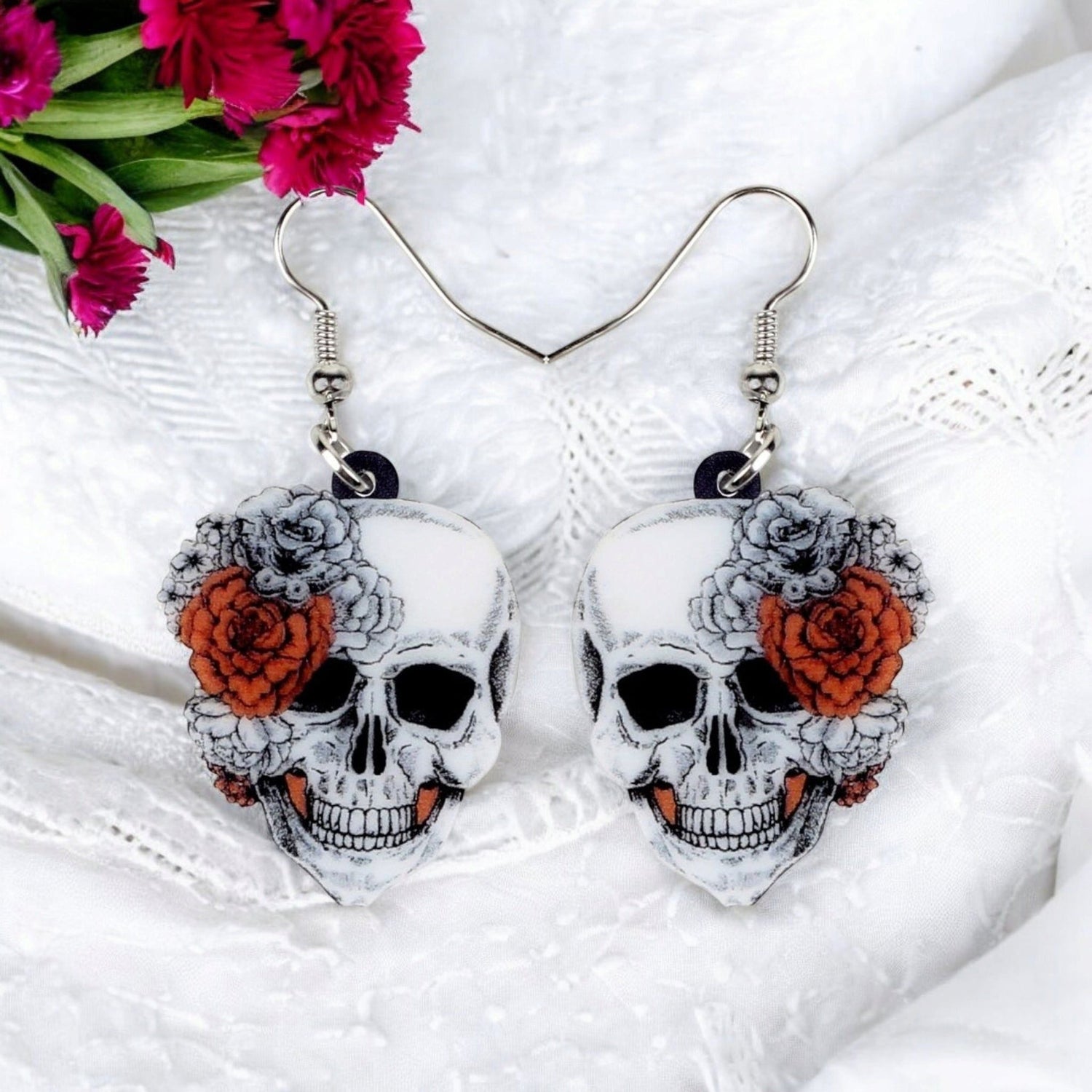 Skull &amp; Flower Fishhook Earrings – Gothic Red Rose Statement Jewelry