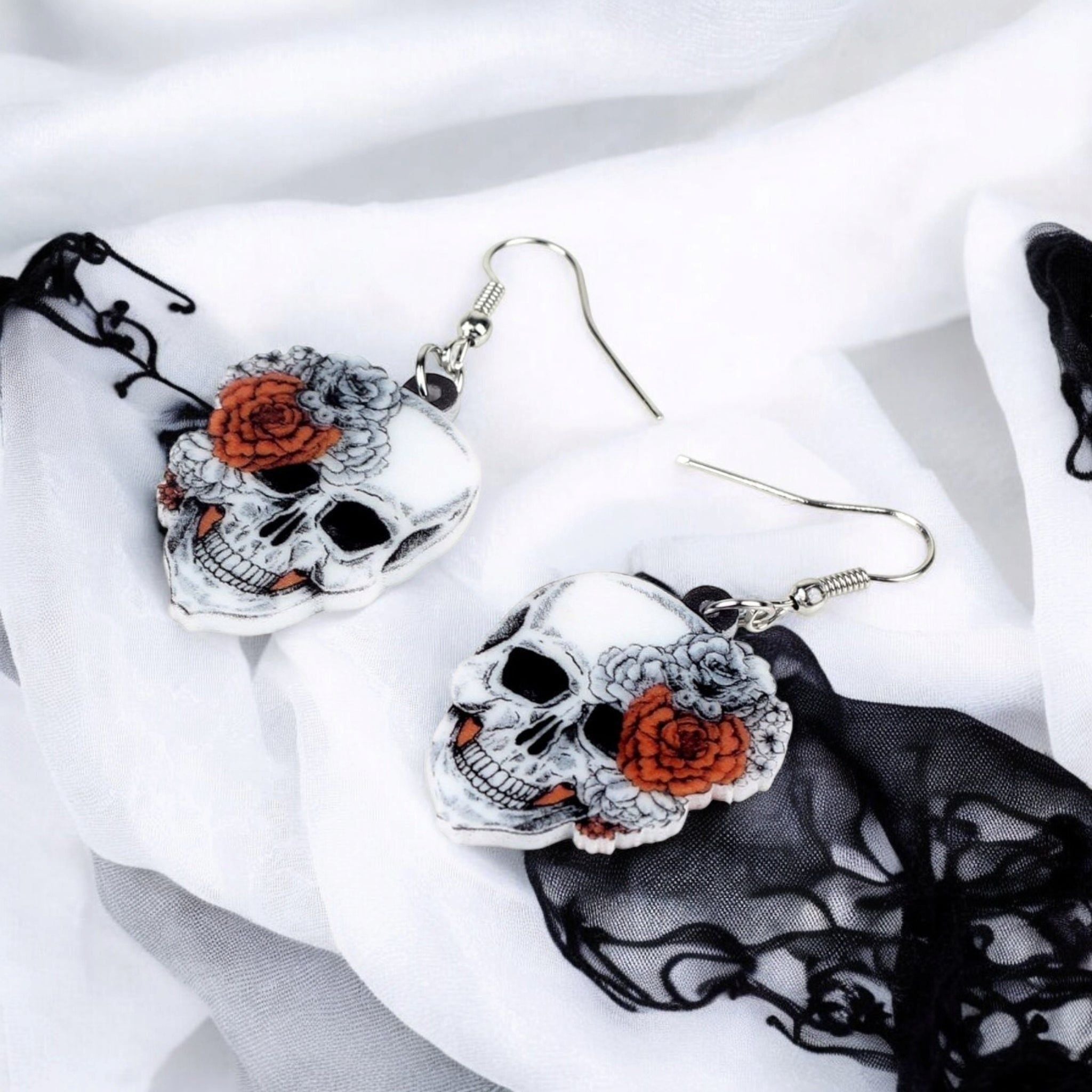 Skull &amp; Flower Fishhook Earrings – Gothic Red Rose Statement Jewelry