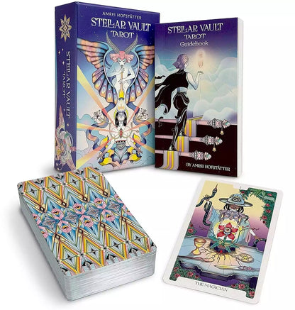 Stellar Vault Tarot card spread showing silver-edged cards with deep space and cosmic imagery