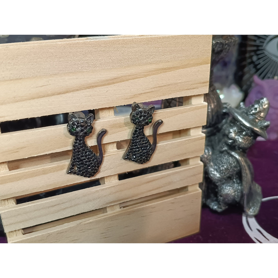 Studded Black Cat Earrings – Green Gem Eyes, Post Back