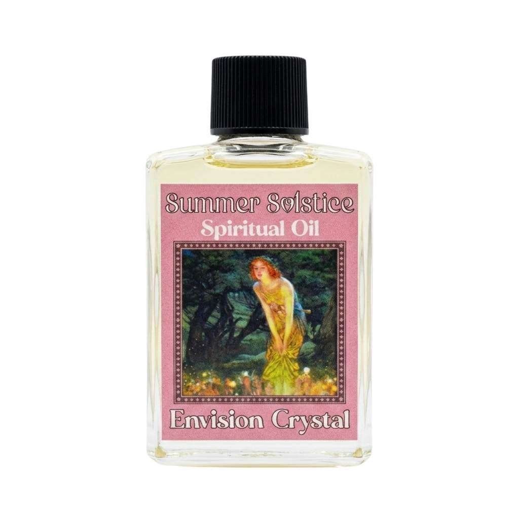 Small 4 dram glass ritual oil bottle labeled Summer Solstice, shown on a neutral background.
