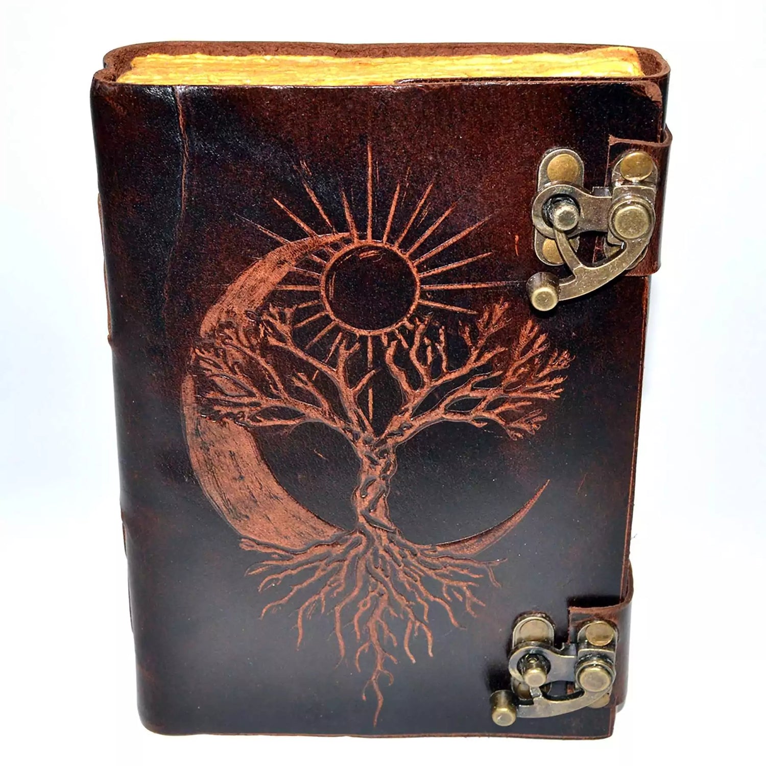 Leather-look journal with latch featuring embossed tree of life with sun and moon design on faux leather cover, aged paper grimoire Book of Shadows journal.
