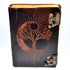 Leather-look journal with latch featuring embossed tree of life with sun and moon design on faux leather cover, aged paper grimoire Book of Shadows journal.