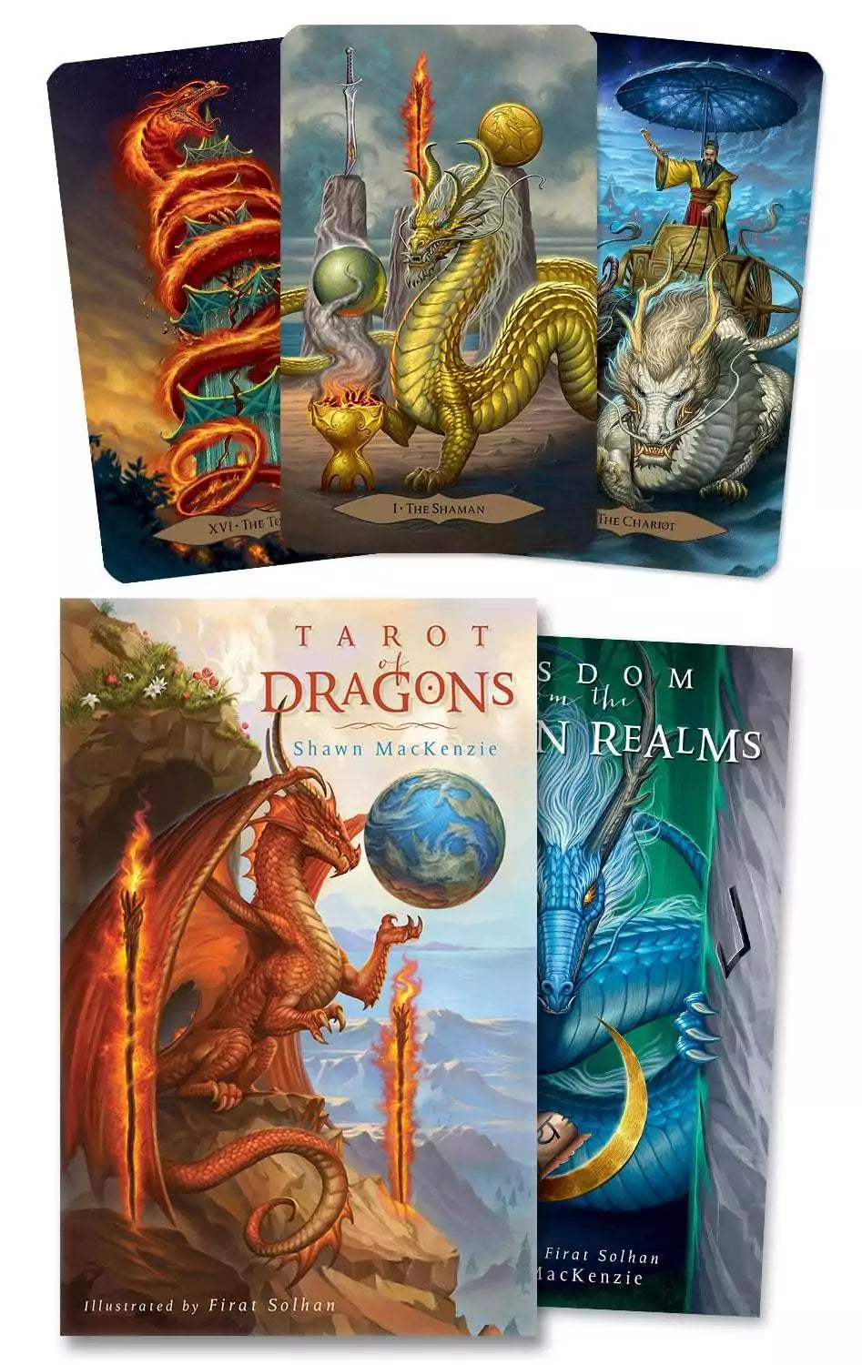 Tarot of Dragons card spread showing multiple dragon-illustrated cards — fantasy tarot deck by MacKenzie and Solhan with vivid draconic artwork.