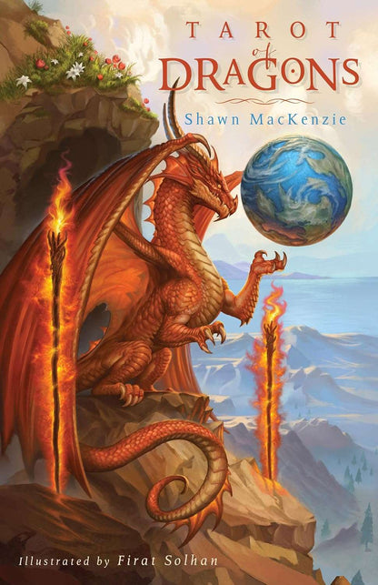 Tarot of Dragons card featuring a vibrant dragon atop a rocky cliff holding a globe — detailed fantasy illustration from Firat Solhan&