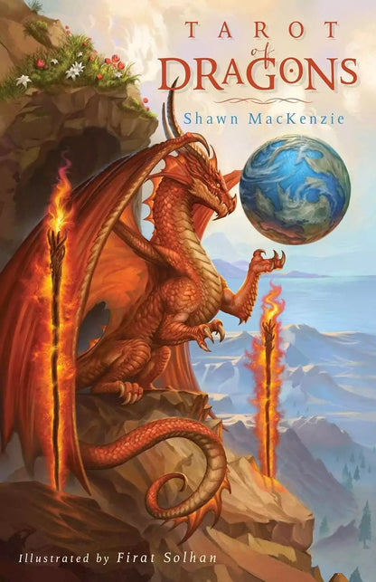 Tarot of Dragons card featuring a vibrant dragon atop a rocky cliff holding a globe — detailed fantasy illustration from Firat Solhan&